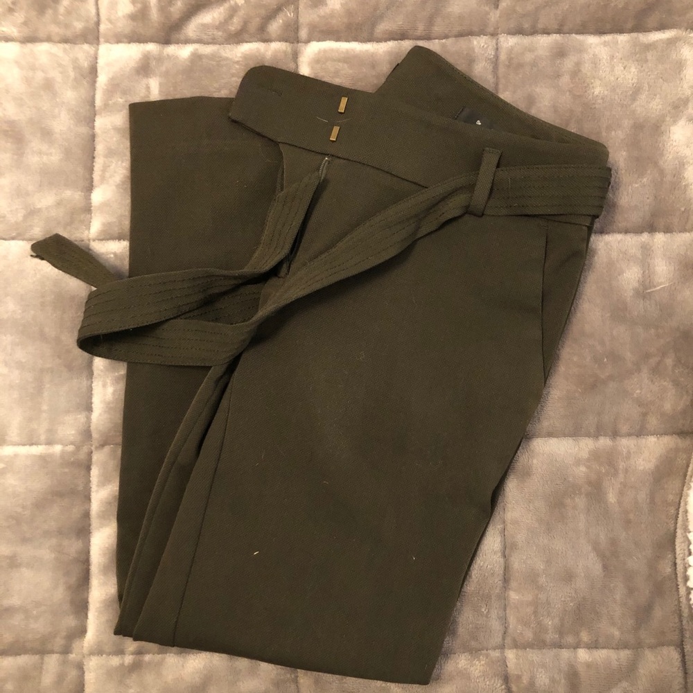 Cropped Olive Green Loft Pants with Tie Belt